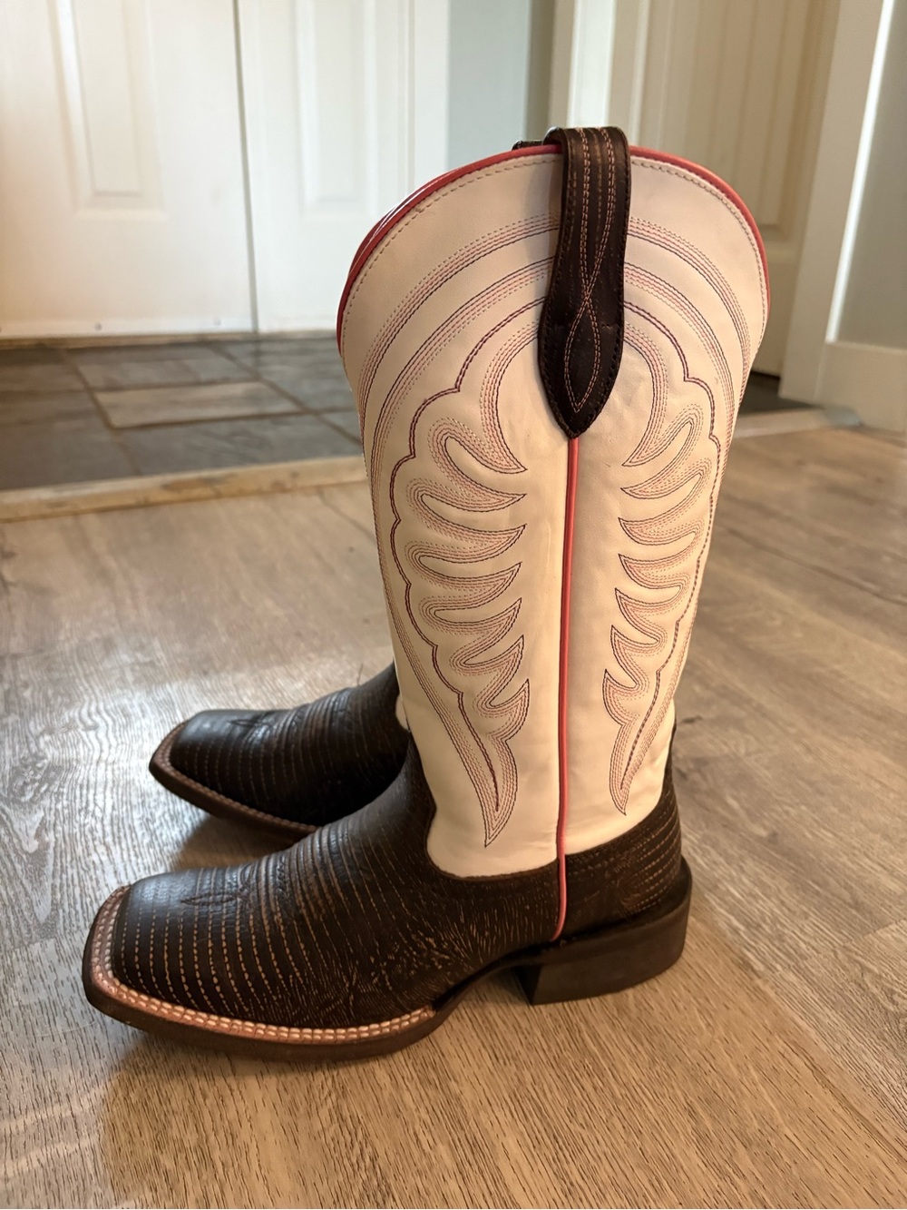 Ariat Two-Tone Brown Foot White Shaft Western Cowboy Boots with Pink Trim
